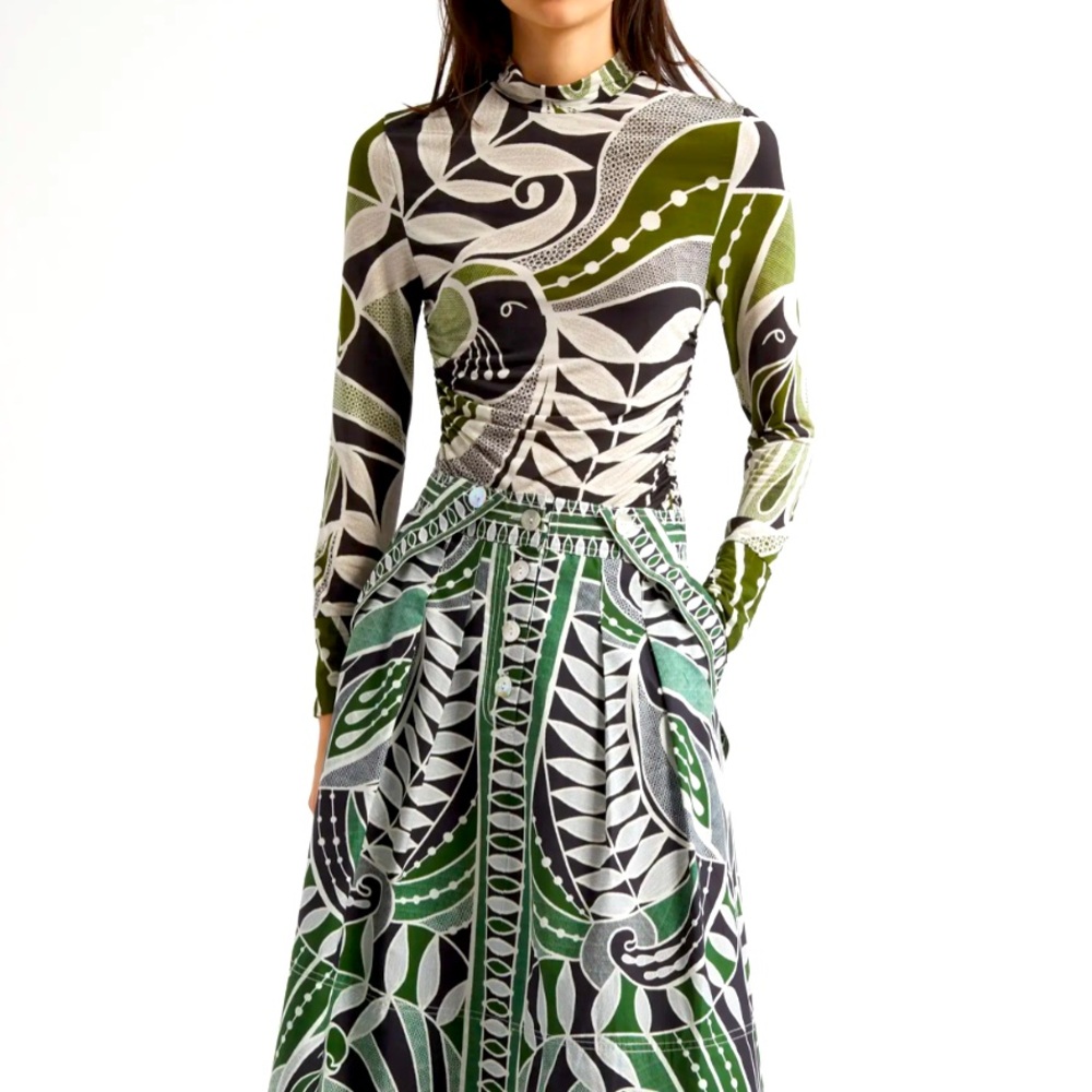 Farm Rio Lace Nature 
Mock Neck Jersey Top